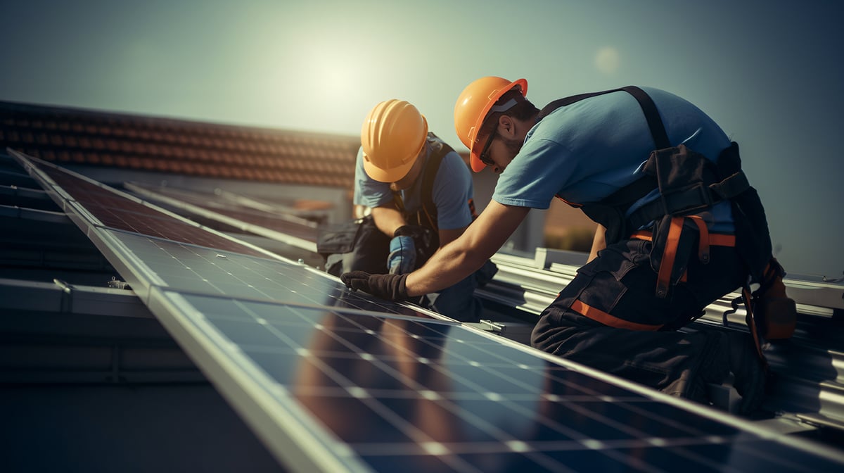 Engineer installing solar panels on roofs